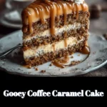 Delicious gooey coffee caramel cake with rich frosting and a caramel drizzle.