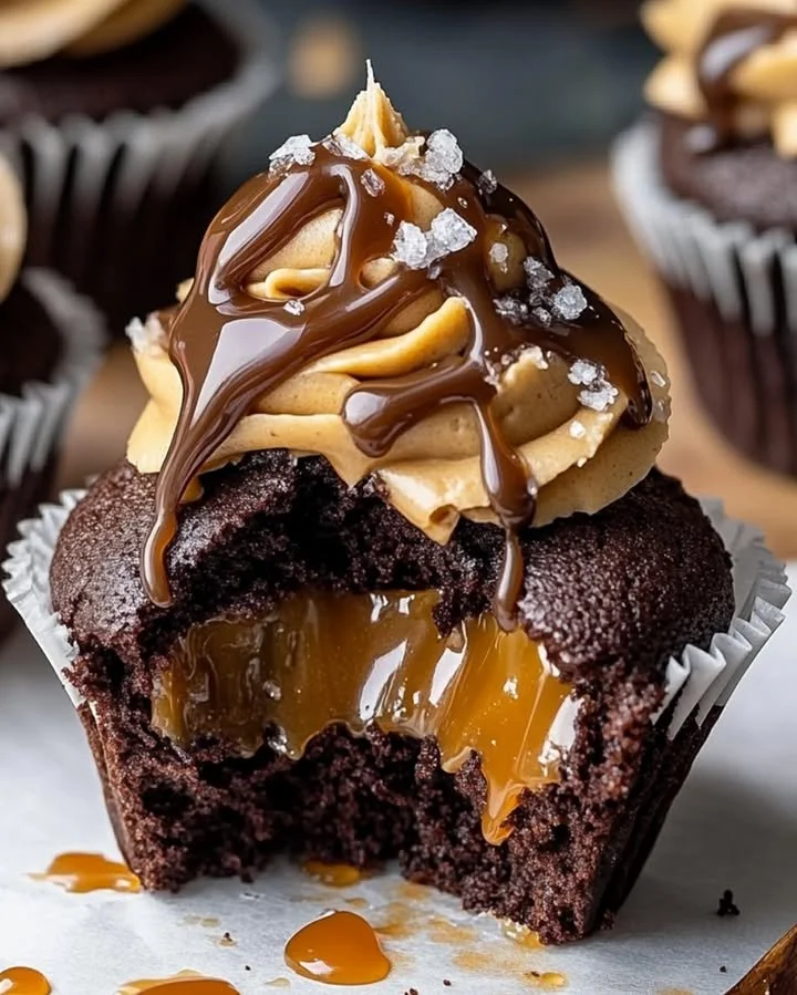 Gooey salted caramel chocolate cupcakes with rich frosting