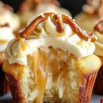Gooey salted caramel cream cheese cupcakes with drizzling caramel sauce