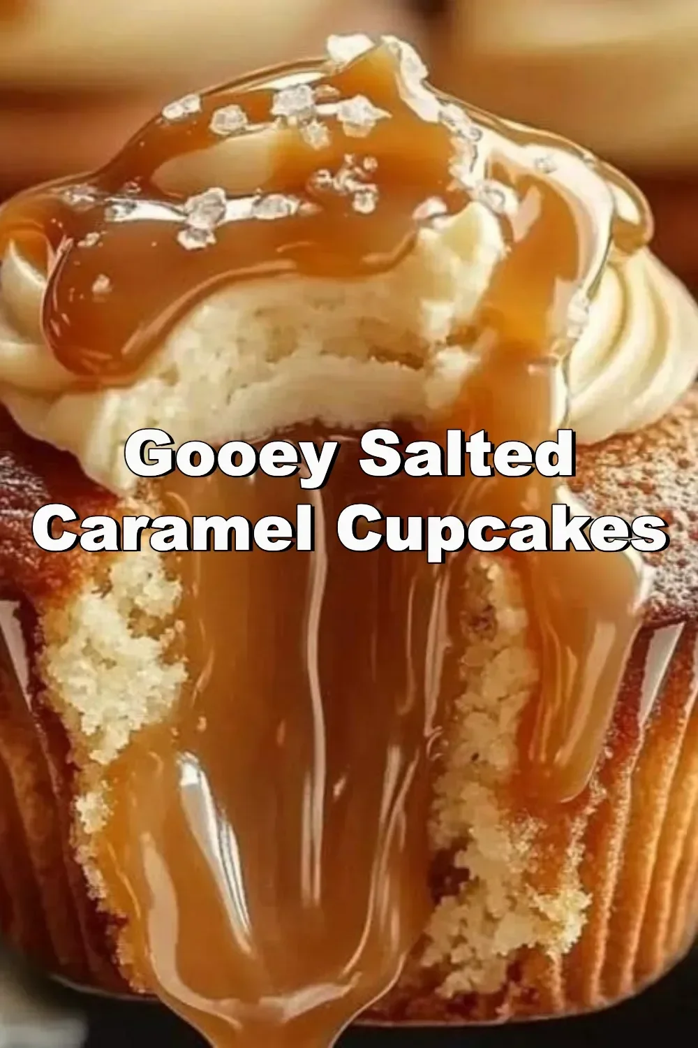 Delicious gooey salted caramel cupcakes topped with creamy frosting.