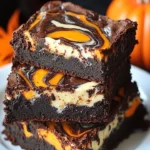 Delicious Halloween pumpkin cheesecake brownies with chocolate and pumpkin layers