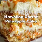 Hawaiian Carrot Pineapple Cake topped with cream cheese frosting and pineapple slices.