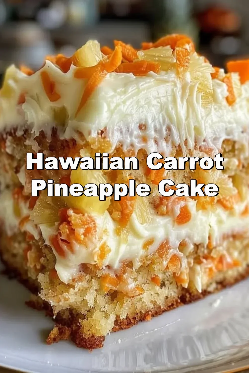 Hawaiian Carrot Pineapple Cake topped with cream cheese frosting and pineapple slices.
