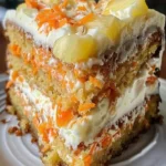 Hawaiian Pineapple Carrot Cake topped with cream and pineapple slices