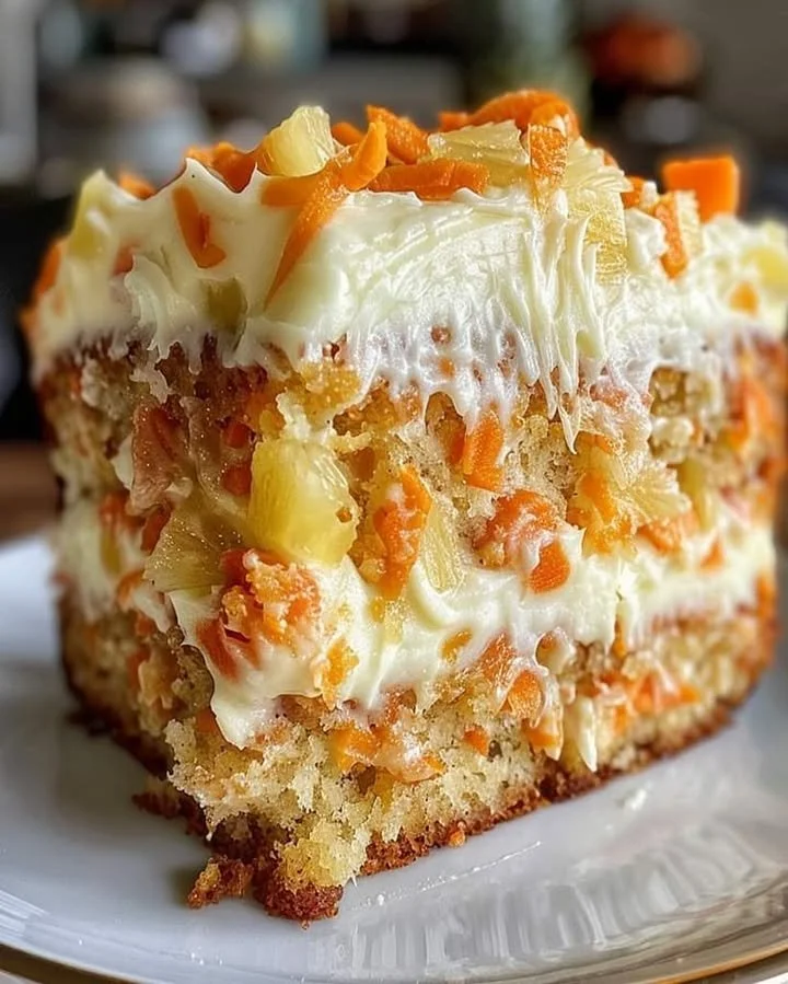Hawaiian pineapple carrot cream cake topped with tropical fruits and frosting