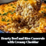 Hearty beef and rice casserole topped with creamy cheddar cheese