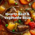A bowl of hearty beef vegetable soup filled with fresh vegetables and tender beef chunks.
