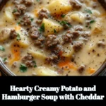 Hearty creamy potato and hamburger soup topped with cheddar cheese in a bowl.