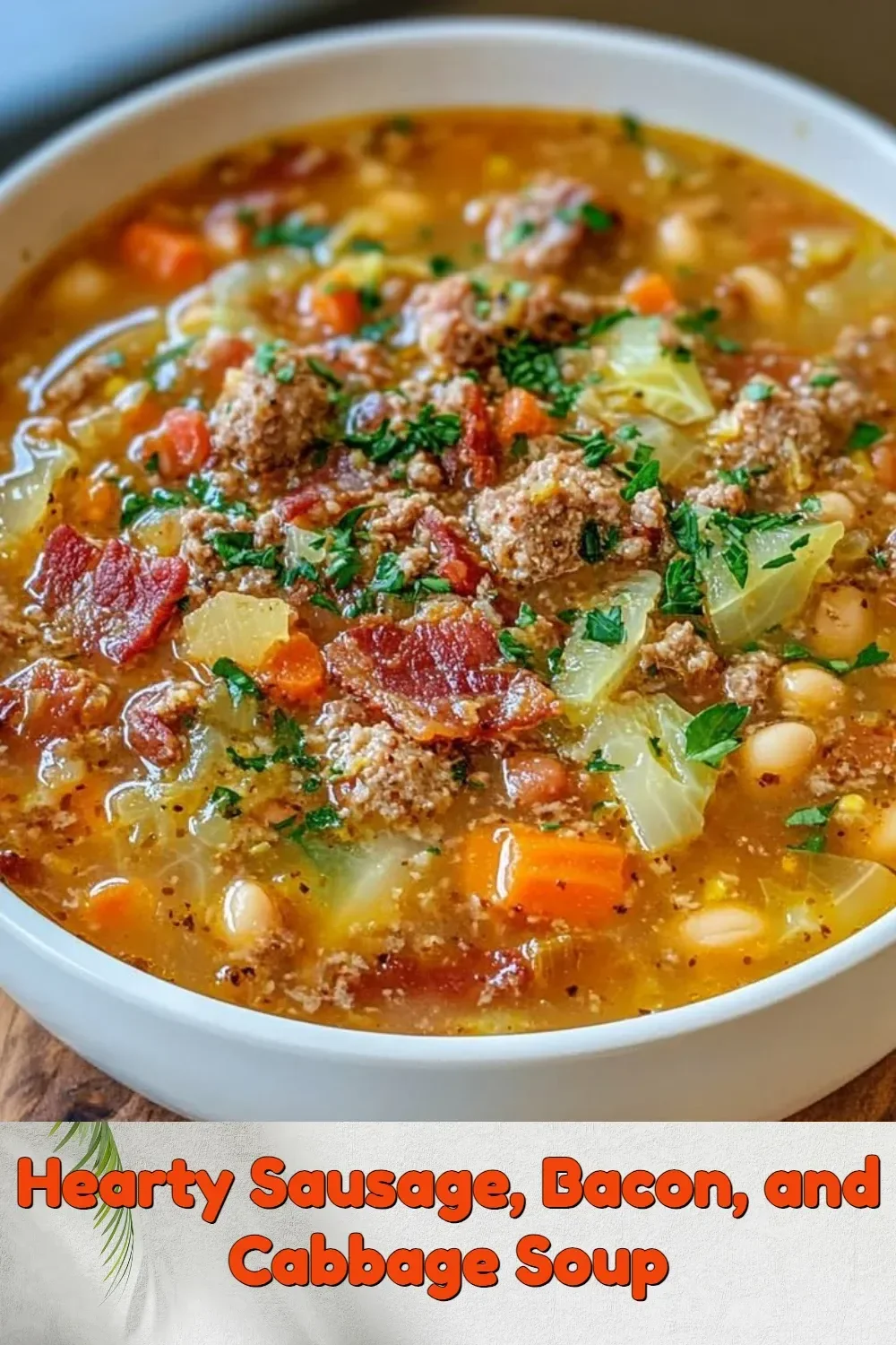 Bowl of hearty sausage, bacon, and cabbage soup garnished with fresh herbs.