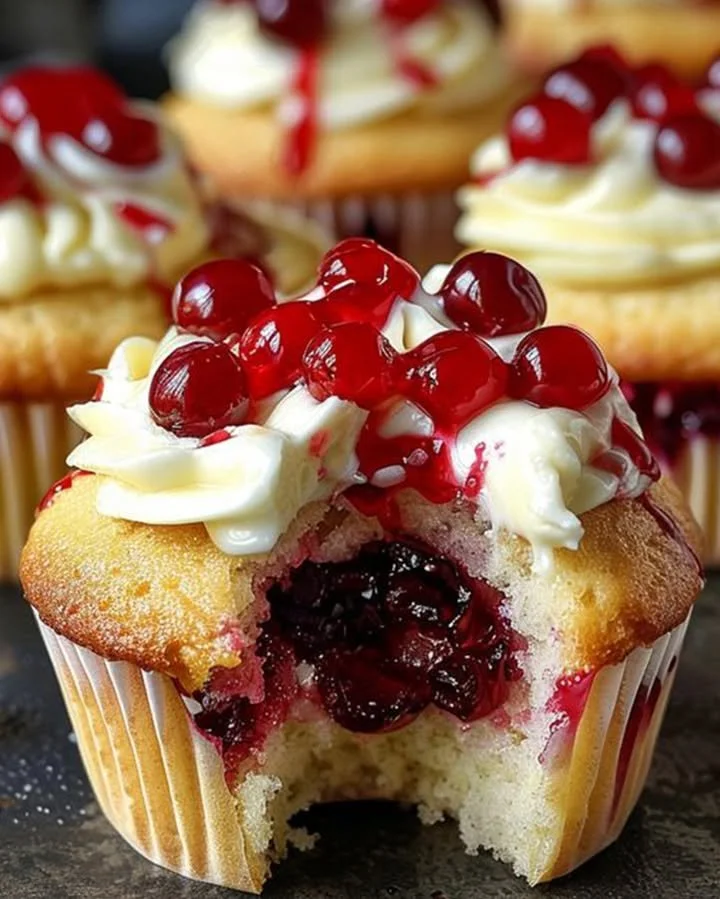 Deliciously decorated cherry cupcakes topped with fresh cherries and frosting.