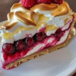 Heavenly Lemon Raspberry Meringue Cheesecake topped with fluffy meringue and fresh raspberries.