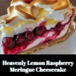 Delicious Heavenly Lemon Raspberry Meringue Cheesecake slice on a plate