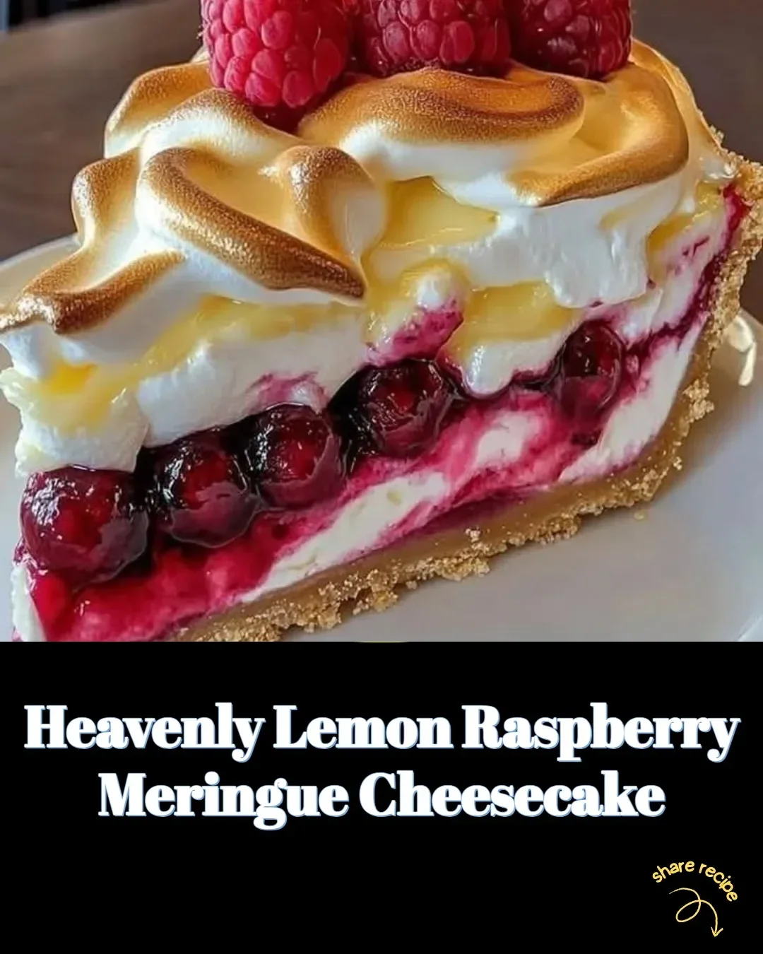 Delicious Heavenly Lemon Raspberry Meringue Cheesecake slice on a plate