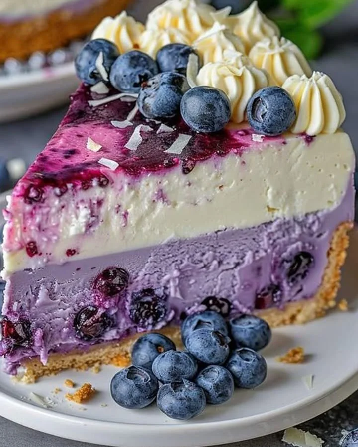 Heavenly white chocolate blueberry cheesecake with a creamy texture and fresh blueberries