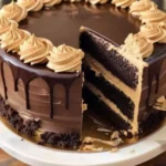 Homemade Chocolate Peanut Butter Cake topped with chocolate frosting and peanuts