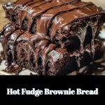 Hot fudge brownie bread topped with chocolate sauce and served warm