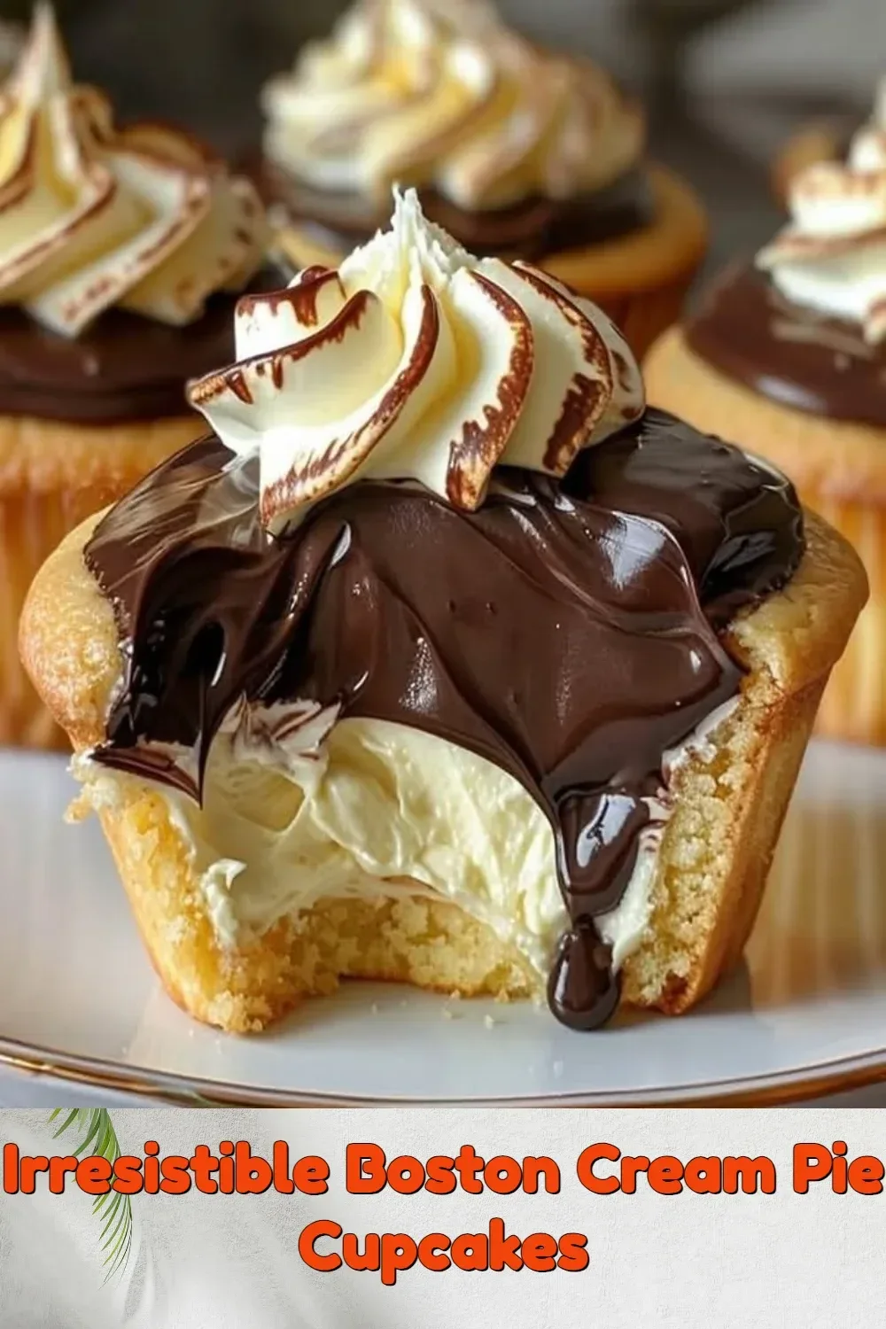 Delicious Boston Cream Pie Cupcakes topped with chocolate ganache.