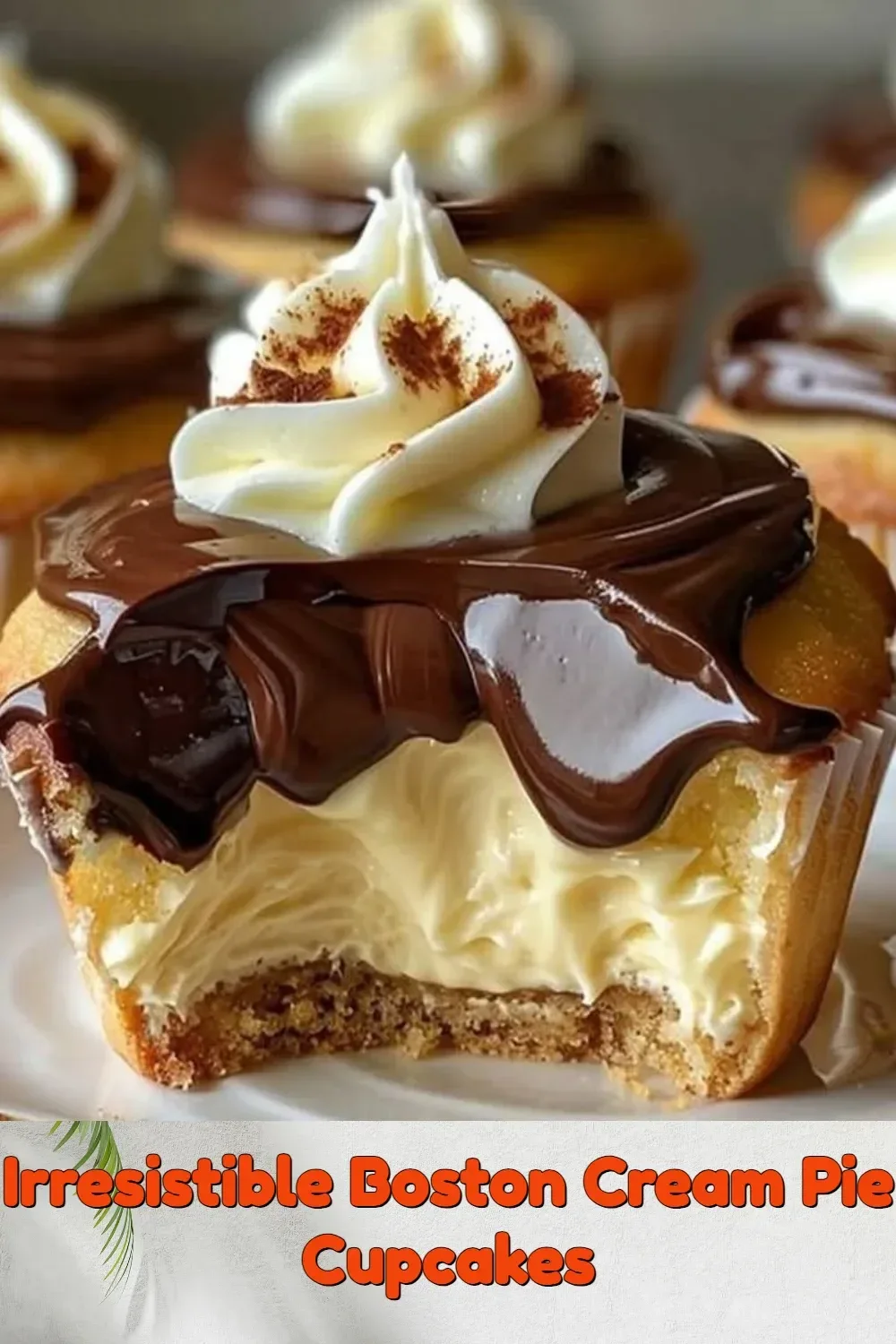 Delicious Boston Cream Pie Cupcakes topped with chocolate and custard filling