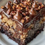 Slice of irresistible German Chocolate Poke Cake topped with coconut and pecan frosting