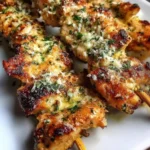 Juicy garlic parmesan chicken kabobs on the grill, garnished with herbs.