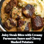 Juicy steak bites served with creamy parmesan sauce and cheesy mashed potatoes