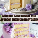 Lavender cake with lavender buttercream frosting on a white plate