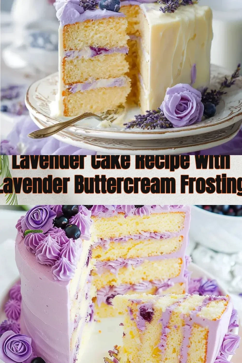 Lavender cake with lavender buttercream frosting on a white plate