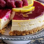 Delicious slice of Lemon Raspberry Cheesecake topped with fresh raspberries.