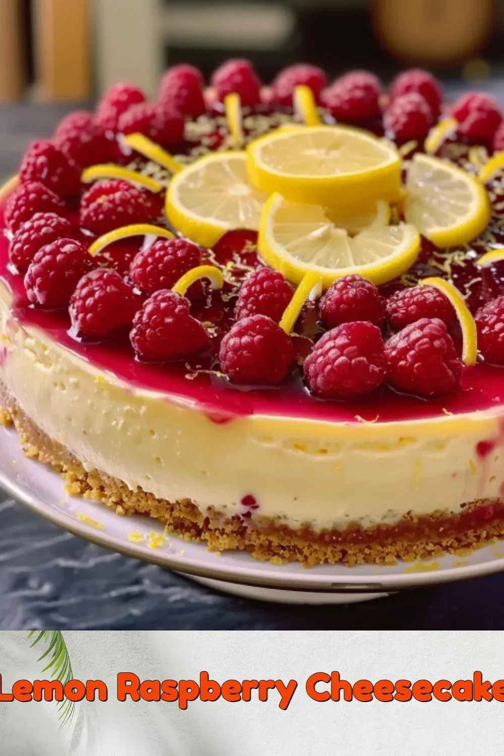 Slice of Lemon Raspberry Cheesecake topped with fresh raspberries and lemon zest