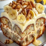 Luscious Vanilla Banana Walnut Cake topped with walnuts and banana slices