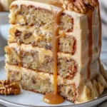 Luscious Walnut Banana Caramel Cake topped with caramel drizzle and walnuts