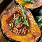 Maple pecan rosemary acorn squash dish served on a plate.