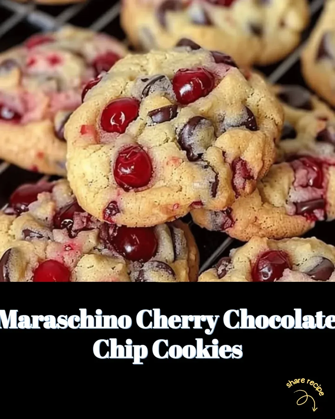 Delicious Maraschino Cherry Chocolate Chip Cookies on a cooling rack.