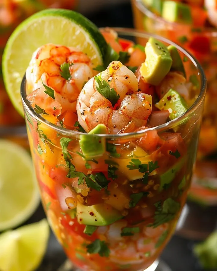 Mexican shrimp cocktail with fresh ingredients and vibrant flavors.