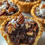 Mini Chocolate Coconut Pecan Tarts topped with coconut and pecans