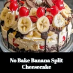 Delicious no bake banana split cheesecake topped with whipped cream and fruit