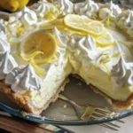 No-bake cream cheese lemonade pie topped with lemon slices and whipped cream