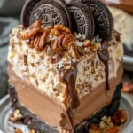 No-bake German chocolate cheesecake with chocolate layers and coconut topping