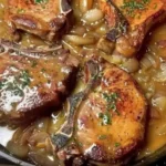 Delicious old-school smothered pork chops served on a plate with gravy.