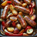 One-Pan Roasted Sausages with Potatoes, Peppers, and Onions on a plate