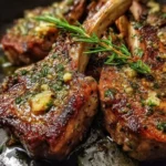 Pan-seared garlic butter lamb served on a plate garnished with herbs