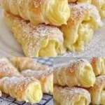Freshly baked pastry horns filled with cream and garnished elegantly.