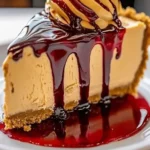 Peanut Butter and Jelly Cheesecake slice with toppings on a plate