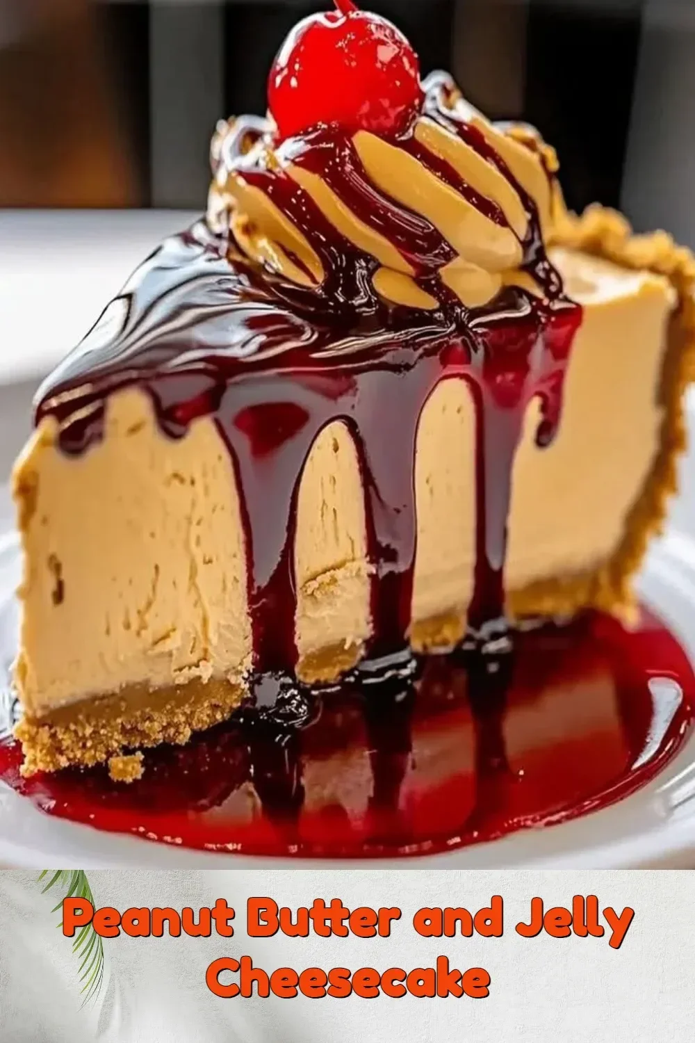 Peanut Butter and Jelly Cheesecake slice with toppings on a plate