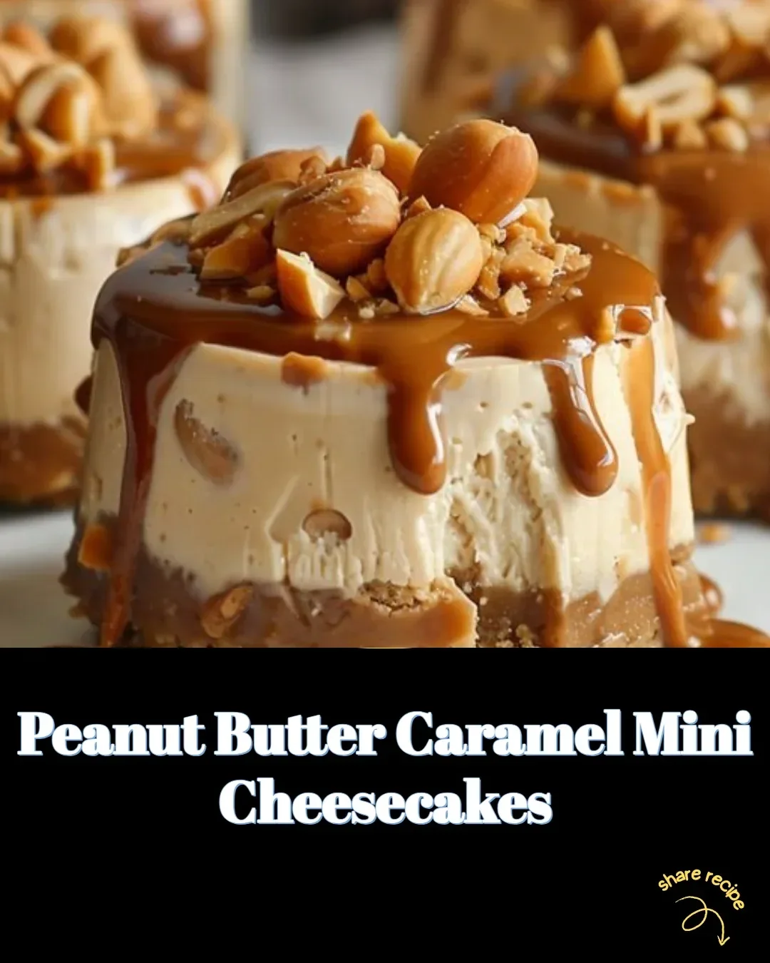Delicious peanut butter caramel mini cheesecakes served on a plate