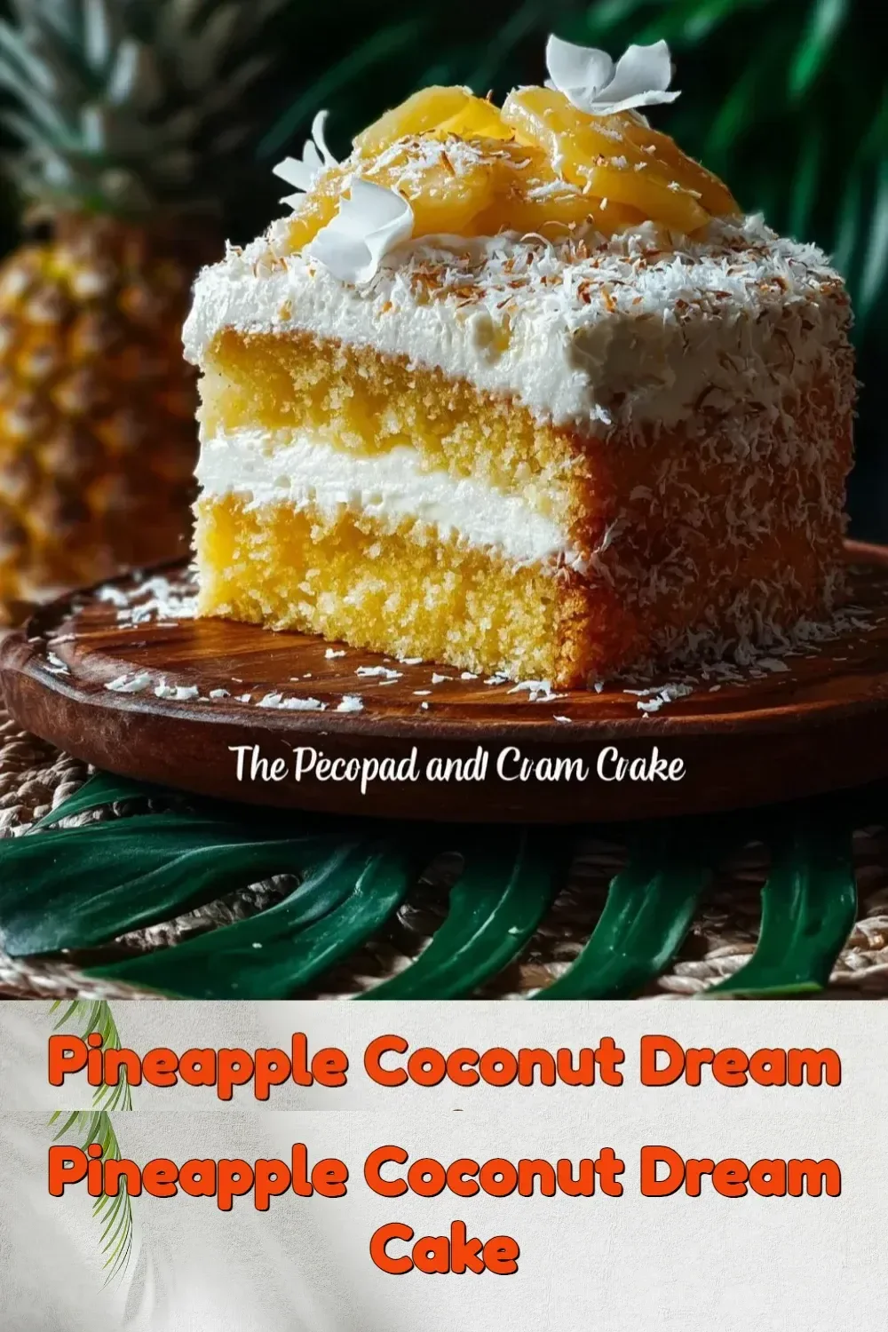 Slice of Pineapple Coconut Dream Cake with tropical decorations