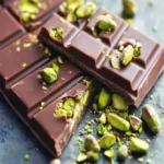 Homemade pistachio chocolate bar with nuts and chocolate.