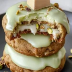 Pistachio cream stuffed cookies arranged on a plate with a nutty garnish.