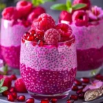 Colorful Pomegranate Raspberry Chia Symphony in a bowl garnished with fresh berries.