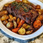 Delicious pot roast with carrots and potatoes in a rustic dish